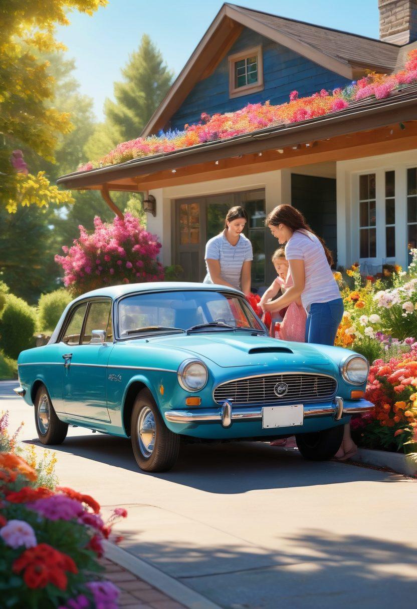 A cozy, heartwarming scene depicting a family lovingly washing their car in their driveway, surrounded by colorful flowers and cheerful sunlight. Include playful pets nearby and a clear blue sky to emphasize a friendly atmosphere. A budget-friendly price tag hovering gently above the car highlights the theme of affordability. super-realistic. vibrant colors. soft focus.