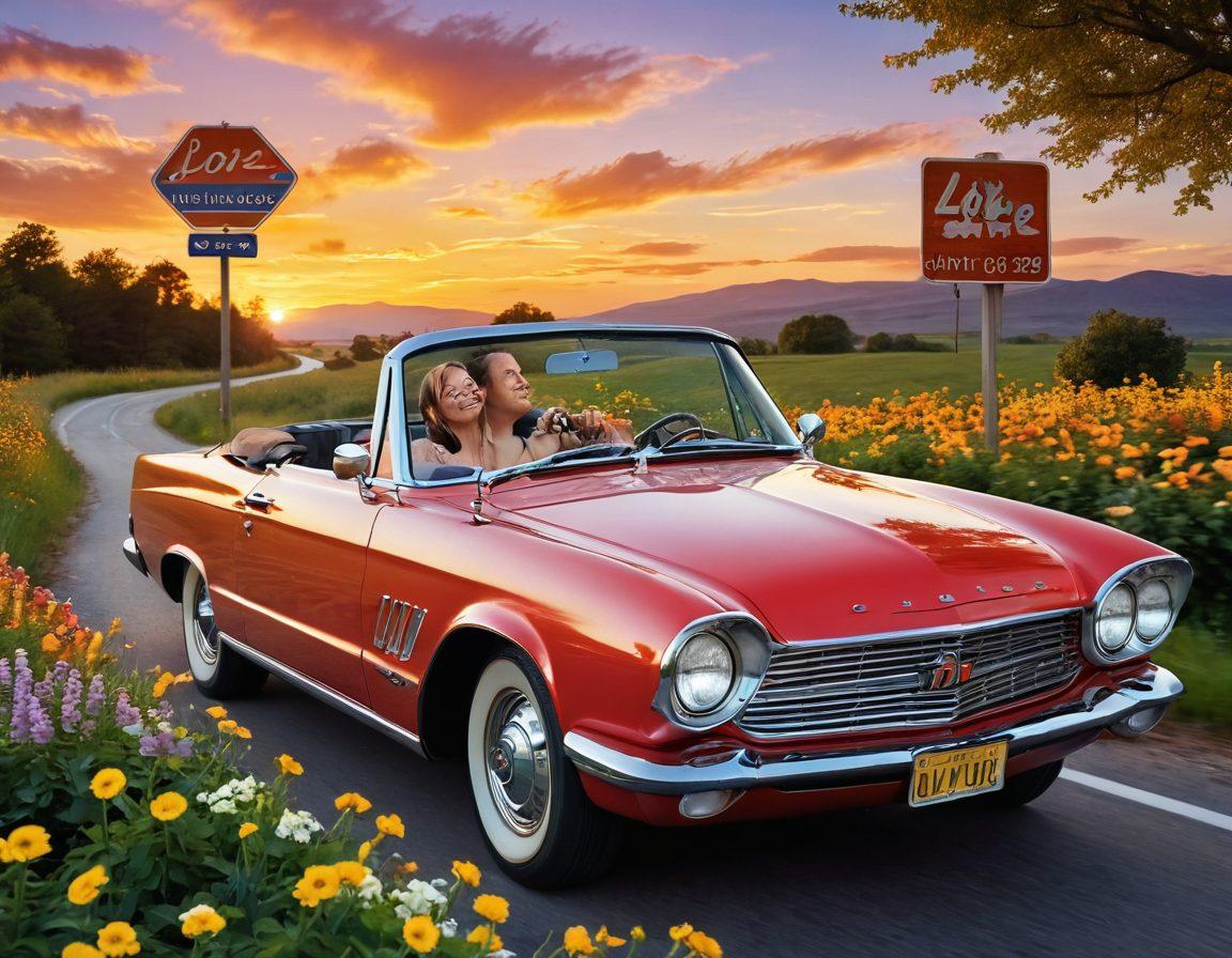 A couple happily driving together in a vintage convertible car, surrounded by blooming flowers symbolizing love and savings. A road sign in the background highlighting 'Affordable Auto Insurance'. The scene captures a sunset, radiating warmth and romance, with a playful touch of heart-shaped clouds. super-realistic. vibrant colors. sunset backdrop.