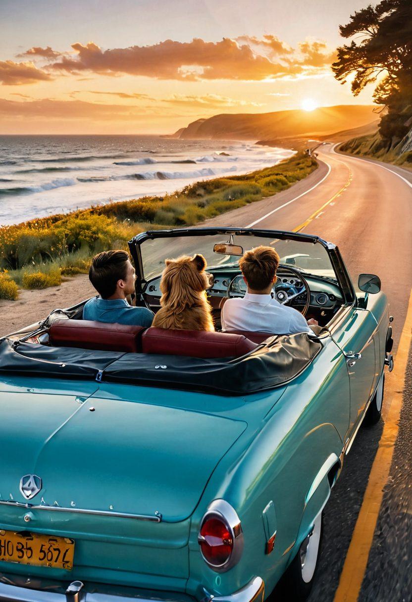 A couple joyfully driving a vintage convertible car along a scenic coastal highway, wind blowing in their hair, with a sunset casting a warm glow over the scene. In the foreground, a playful dog leans out of the window, symbolizing the freedom and joy of driving. Surrounding them are subtle icons representing affordable car insurance, such as a shield and a heart. The overall atmosphere is vibrant and romantic, conveying a sense of adventure and love for life. super-realistic. vibrant colors. scenic backdrop.